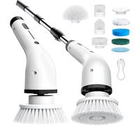 Electric Spin Scrubber, 3-Speed Flat End Brush with 8 Brush Heads & Base, Adjustable Long Handle, Digital Display, 2500mAh Fast Charging, for Bathroom, Tub, Tile, Floor（White