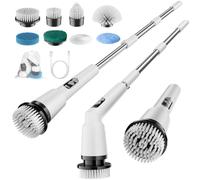 Electric Spin Scrubber Cordless, 8 Brush Heads, IPX7 Waterproof, 3 Speeds, Adjustable Handle (11-51”), Bathroom, Tile, Kitchen, Car & Floor Cleaning Tool (White)