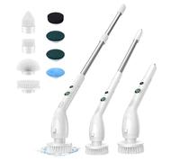Electric Spin Scrubber, Cordless Cleaning Brush with 8 Brush Heads, IPX7 Waterproof LED Display, Adjustable Extension Handle Shower Scrubber for Bathroom Floor Tub Tile (White)