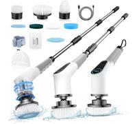 Electric Spin Scrubber, Cordless Electric Cleaning Brush with Adjustable Extension Arm, 8 Cleaning Brush Heads, Power Scrubber for Bathroom, Kitchen,Tiles, Floors, and Bathtubs, White