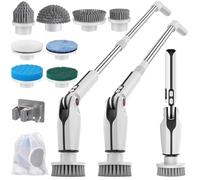 Electric Spin Scrubber, Cordless Rechargeable Cleaning Brush with 8 Replaceable Brush Heads&Storage Bag, Extendable Long Handle, 450/350RPM Bathroom Cleaning Scrubber for Bathroom Kitchen Floor Tile