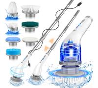 Electric Spin Scrubber Cordless Shower Cleaner Bathroom Cleaning Brush Scrubbing with Tool Free Adjustable Extension Arm and 5 Replaceable Heads for Tile Tub Kitchen Floor Bathroom, White