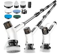 Electric Spin Scrubber, FYDEE 7 in 1 Electric Cleaning Brush with 2 Adjustable Speeds and Spray Device, IPX7 Waterproof Bathroom Cleaner Brush, 3000 mAh Power Scrubber for Floors, Windows - Silver