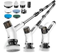 Electric Spin Scrubber, FYDEE 7 in 1 Electric Cleaning Brush with 2 Adjustable Speeds and Spray Device, IPX7 Waterproof Bathroom Cleaner Brush, 3000 mAh Power Scrubber for Tiles, Windows - Beige