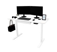Electric Standing Desk 140cm x 60cm White Height Adjustable Ergonomic Sit to Stand Computer Workstation Built In Drawer USB A & C Charging Cable Holes & Tray Bag Hook Office Table Memory Smart Panel