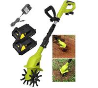 Electric Tiller Cultivator Cordless Garden Rotavator Set with 2 Batteries and Charger - 10cm Tilling Width, 25cm Working Depth for Soil Cultivation