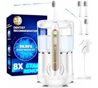 Electric Toothbrush with Water Flosser Combo, 3-in-1 Sonic Flossing Toothbrush and Dental Water Flosser for Teeth Adult Cleaning with 4 Heads, Sensitive, Gum Care, Braces, 500ML-White