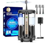 Electric Toothbrush with Water Flosser, Upgrade Flossing Toothbrush Combo with 3 Brush + 1 Nozzle, 5 Floss Speeds&3 Brush Modes, 500mL Tank, 30-Day Battery, for Adults & Teens, Gums, Braces- Black