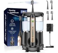 Electric Toothbrush with Water Flosser, Upgrade Flossing Toothbrush Combo with 3 Brush + 1 Nozzle, 5 Floss Speeds&3 Brush Modes, 500mL Tank, 30-Day Battery, for Adults & Teens, Gums, Braces- Black