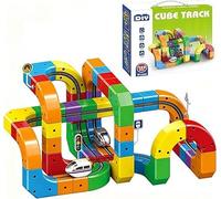 Electric Train Set Flexible Race Track,3D Embedded Layouts Train Track Set for Kids,62 Pieces Electric Trains Sets with Magnetic Tracks,Car & Rail Cube Building Toy (123PCS)