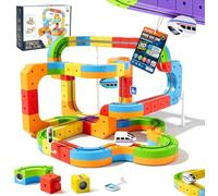 Electric Train Set for Kids, 123PCS 3D Cube Track with Traffic Signs | Magic Rail Cube Train Set, 2 Gravity-Defying Motorized Trains, DIY 3D embedded layouts, creative building toy for kids