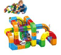 Electric Train Set with Flexible Race Track, 3D Embedded Layouts & Motorized Car, 81 PCS Magnetic Train Track for Kids