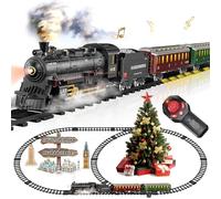 Electric Train Sets Remote Control for Kids Christmas Train Toys Steam Locomotive w/3 Smokes, Glowing Passenger Carriages, Luxury Tracks, Light & Sounds Rechargeable Birthday Gifts for Boys Girls