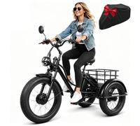 Electric Tricycle for Adults 24 Inch Fat Tire Cargo Trike 7 Speed Black | High Speed Motor Adult Trike with Large Rear Storage Basket Detachable Battery Mirror Bright Headlight
