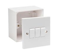 Electric Wall 10A Light Switch 1/2/3 Gang 2 Way Rocker Standard White Square - Compatible with Single 16/25/35/47mm Pattress Back Box Surface Mounted 1 Gang (3 Gang Switch, SET with 45mm Box)