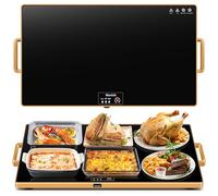 Electric Warming Tray (XXL 32”x18”)，Food Warmers for Parties Buffet with Thermostat & Full Surface Heating, Tempered Glass Warming Mat for Food, Temperature Adjustable Gold Handles Food Warming Mat