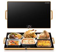 Electric Warming Tray (XXL 32”x18”),Food Warmers for Parties Buffet with Thermostat & Full Surface Heating, Tempered Glass Warming Mat for Food, Temperature Adjustable Gold Handles Food Warming Mat