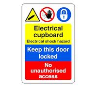 Electrical Cupboard Electrical Shock Hazard Keep This Door Locked - safety sign - 1.2mm Rigid plastic for indoor/outdoor usage (400mm x 300mm) Viewing Distance within 14m.