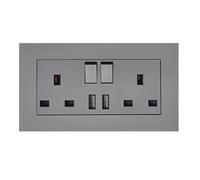 Electrical Double Switched Power Socket, 3-pin 13A 2 Gang Plug Screwless Wall Socket with Two 2.1A USB Fast-Charging Charger Port, PC Plate Wall Outlet（Grey）