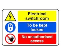 Electrical Switchroom To Be Kept Locked No Unauthorised Access - safety sign - High tack self-adhesive sticker (300mm x 200mm) Viewing Distance within 7m.