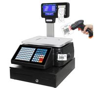 Electronic Barcode Weighing Scale Cash Register, Digital Price Label Printing Scale with Receipt Printer, Handheld Scanner & Cash Drawer, Double-Sided LCD Display, 63 Shortcut Keys
