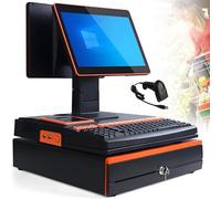 Electronic Cash Register,15.6'' LED Touch Screen, POS Terminal Terminal Machine with Handheld Scanner 101 Keys Cash Register Keyboard, 58mm Thermal Printer, Cash Drawer Dual screen Orange-DualScreen