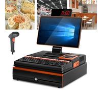 Electronic Cash Register,15.6'' LED Touch Screen, POS Terminal Terminal Machine with Handheld Scanner 101 Keys Cash Register Keyboard, 58mm Thermal Printer, Cash Drawer single screen