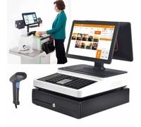 Electronic Cash Register with 15.6'' LED Touch Screen, POS Terminal, Handheld Scanner, 101 Keys Keyboard, 58mm Thermal Printer, Cash Drawer, Dual Screen