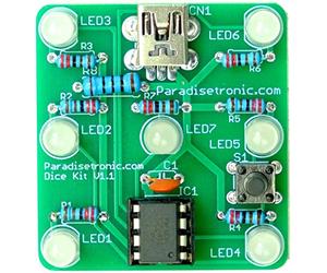 Electronic Dice Soldering Kit with White Diffuse LEDs Atmel AVR Microcontroller
