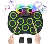 Electronic Drum Pads for Kids, 9 Pads Roll-up Electronic Drum Set with Colorful Lights for 8h Playing with Built-in Speaker, Wooden Drum Sticks, 2 Pedals, Rechargeable Drum Kit