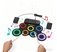 Electronic Drum Set, Roll Up Drum Practice Pad Midi Drum Kit with Headphone Jack Built-in Speaker Pedals Sticks 10 Hours Playtime,Great Holiday Birthday Gift for Kids (single-color-7pad)