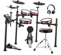 Electronic Drum Set With Industry Standard Mesh Heads 10''Snare 10''Tom3 12'' Crash 450 Authentic Sounds For Optimal Performance(Red)