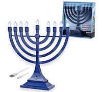 Electronic Hanukkah Menorah Powered by Batteries or USB 4' Cable Included Flameless Chanukkah Candles LED Flame Shaped Bulbs Chanukah Decorations by Zion Judaica (Blue)