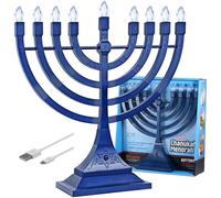 Electronic Hanukkah Menorah Powered by Batteries or USB 4' Cable Included Flameless Chanukkah Candles LED Flame Shaped Bulbs Chanukah Decorations by Zion Judaica (Blue)
