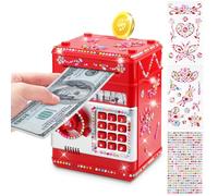 Electronic Money Bank with Code Lock & DIY Stickers, Secure Coin Cash Storage for Children Girls Boys,Red.