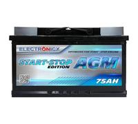 Electronicx AGM Car Battery 75Ah 12V - maintenance-free, sealed, vibration-protected, start-stop compatible, high-performance starter battery 750A EN, 75 Ah vehicle battery, compact, reliable, safe