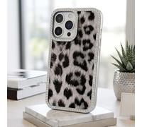 Electroplated Diamonds Leopard Face Large Hole Lens Phone Case, TPU Hard Cover Shockproof Case, Bling Diamond Border Frame for iPhone 13/14/15/16 Pro Max (Silver,for iPhone14 ProMax)