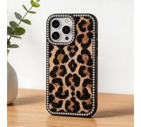 Electroplated Diamonds Leopard Face Large Hole Lens Phone Case, TPU Hard Cover Shockproof Case, Bling Diamond Border Frame for iPhone 13/14/15/16 Pro Max (Black,for iPhone15Pro)