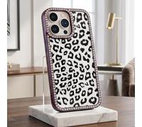 Electroplated Diamonds Leopard Face Large Hole Lens Phone Case, TPU Hard Cover Shockproof Case, Bling Diamond Border Frame for iPhone 13/14/15/16 Pro Max (Purple,for iPhone16Pro)