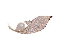 Electroplated Full Zircon Leaf Pearl Brooch for Women - Korean Style Autumn & Winter Jewelry with Accessory Box