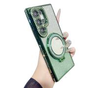 Electroplated Glitter Bling Sparkle Diamond Ring Bracket Mirror Magnetic Case for Samsung, Compatible with MagSafe Wireless Charging (Green,Samsung Galaxy S25)