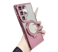 Electroplated Glitter Bling Sparkle Diamond Ring Bracket Mirror Magnetic Case for Samsung, Compatible with MagSafe Wireless Charging (Pink,Samsung Galaxy S25)