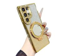 Electroplated Glitter Bling Sparkle Diamond Ring Bracket Mirror Magnetic Case for Samsung, Compatible with MagSafe Wireless Charging (Gold,Samsung Galaxy S22 Ultra)
