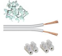 electrosmart Speaker Cable Extension Kit suitable to Extend Speaker Cables - Kit Includes White 2x 13 Strand Wire - White Cable Clips - Joining Block (20m Kit)