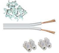 electrosmart Speaker Cable Extension Kit suitable to Extend Speaker Cables - Kit Includes White 2x 13 Strand Wire - White Cable Clips - Joining Block (10m Kit)