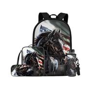 ELEDIZI American Flag Horse Backpack for Boys Girls Backpack with Lunch Box Water Bottle Holder with Strap and Pencil Pouch 4PCS Bookbag with Front Pocket for School Teens 17 inch School Bag for Kids