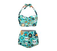 ELEDIZI Plus Size Bathing Suit for Women Tummy Control High Waisted Bikini Sets for Women Size S-2XL, Hippie Floral Skull-2, S