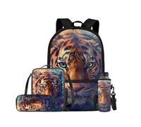 ELEDIZI Tiger Backpack for Kids Girls Backpack with Lunch Box Water Bottle Bag and Big Pencil Case 4PCS Set Bookbag with Front Pocket 17 inch Large Capacity School Bag with Side Pocket for Boys