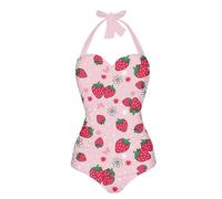 ELEDIZI Tummy Control One Piece Swimsuits for Women Full Coverage Halter Ruched Bathing Suit Summer Beach Outfits Size S-2XL, Cute Strawberry, XL