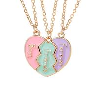 Elefezar BFF Necklace for 3, Heart Broken Stitching Magnetic Best Friend Pendant for Women Friendship Jewelry Gift, Metal, Cubic Zirconia